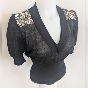 Black Knit Top With Embellished Shoulder Detail; Size S/M